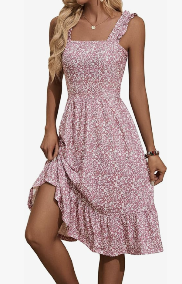 Womens Summer Midi Dress 2025 Elastic Straps Square Neck Cute Floral Flowy A-line Sundresses for Women
